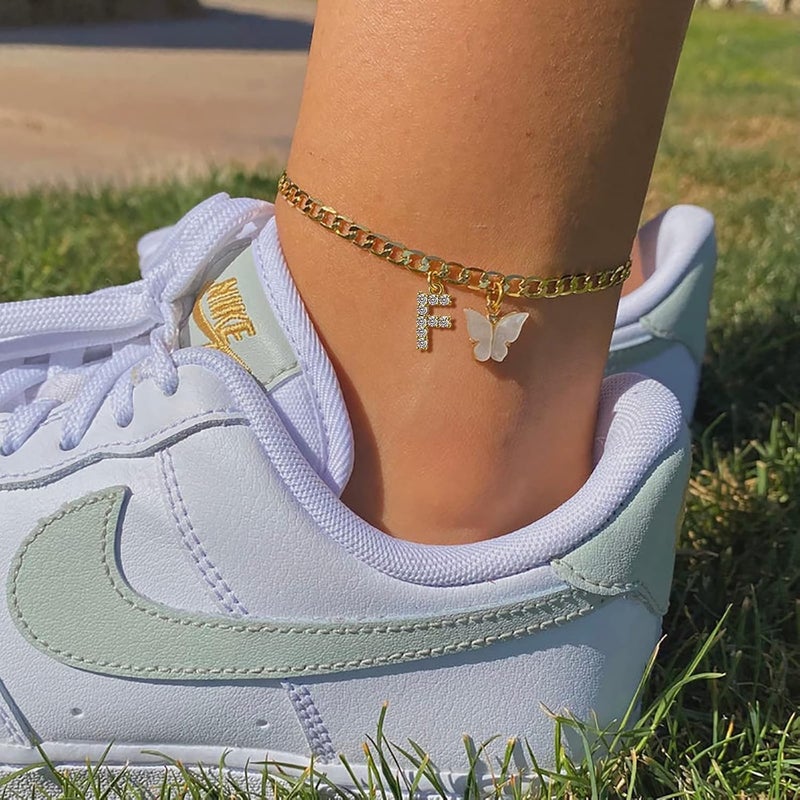 VIROMY 14K Gold Plated Dainty Butterfly Initial Ankle Bracelets Handmade Cuban Chain White Butterfly A-Z Alphabet Letter Initial Anklets Personalized Summer Beach Jewelry Gifts for Women - Image 2